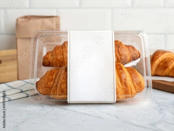 Fototapeta Croissant Packaging Mockup. Freshly baked croissants in a clear container on a kitchen countertop.