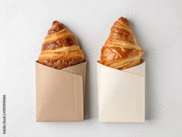 Fototapeta Croissant Packaging Mockup. Two beautifully baked croissants presented in minimalist envelopes.