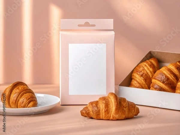 Fototapeta Croissant Packaging Mockup. Freshly baked croissants displayed on a pastel backdrop with packaging.