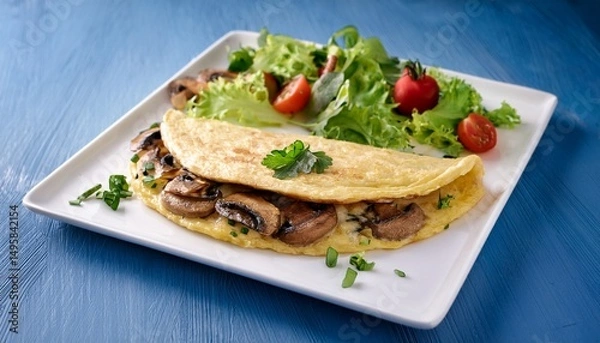 Fototapeta tortilla with champignons with salad in a square white plate