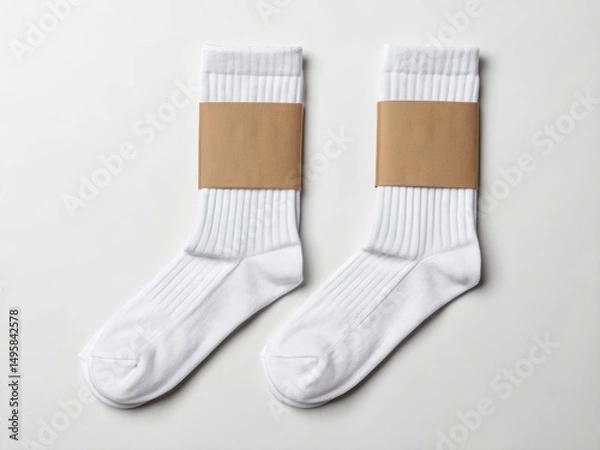 Fototapeta Blank Socks with Label Mockup. White socks neatly packaged with a cardboard band, showcasing a simple and clean design.