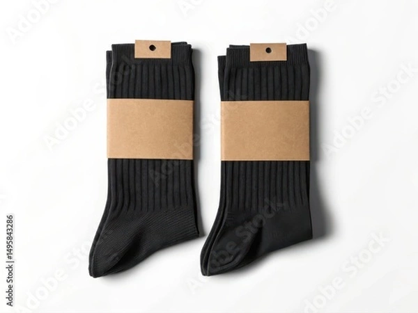 Fototapeta Blank Socks with Label Mockup. Black socks neatly packaged with a simple cardboard band for a minimalist look.