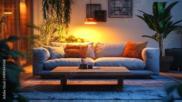 Fototapeta A tranquil living room is bathed in soft, warm light as plants frame a plush sofa adorned with colorful pillows