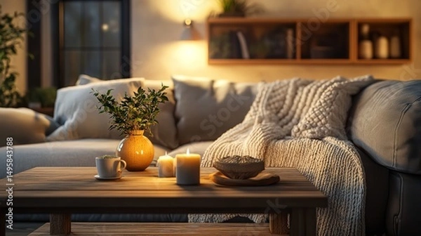 Fototapeta A tranquil living room is bathed in soft, warm light as plants frame a plush sofa adorned with colorful pillows