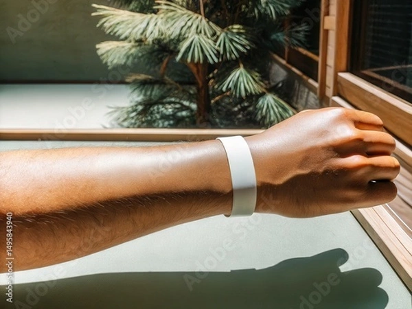 Fototapeta Blank paper wristband Mockup. A close-up of a wrist with a white bracelet, set against a backdrop of greenery indoors.