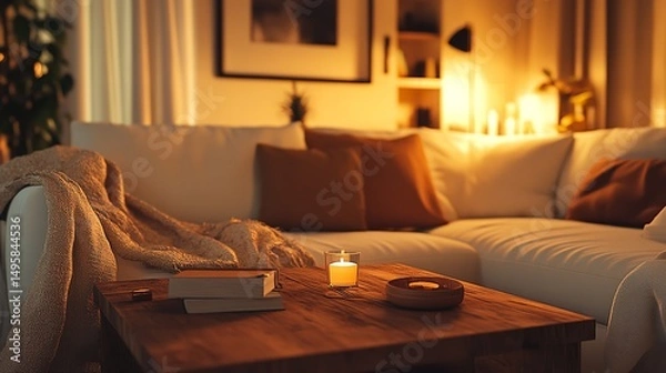 Fototapeta A tranquil living room is bathed in soft, warm light as plants frame a plush sofa adorned with colorful pillows