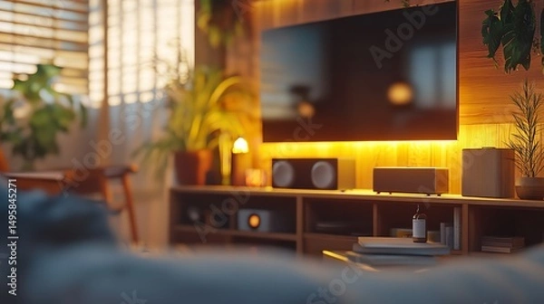 Fototapeta Warm lighting illuminating shelves and desk with plants and books in modern home interior
