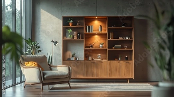 Fototapeta Warm lighting illuminating shelves and desk with plants and books in modern home interior
