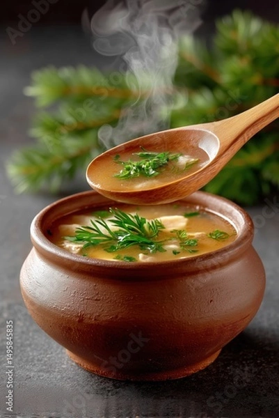 Fototapeta Ladle scoops steaming Romanian ciorba from rustic clay pot. Fresh dill sprigs enhance the soup's aroma. Culinary setting perfect for restaurants, catering, and food blogs