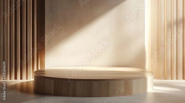 Fototapeta A sleek, polished podium in a minimalist environment with soft ambient lighting, leaving enough space around it for showcasing a luxury item