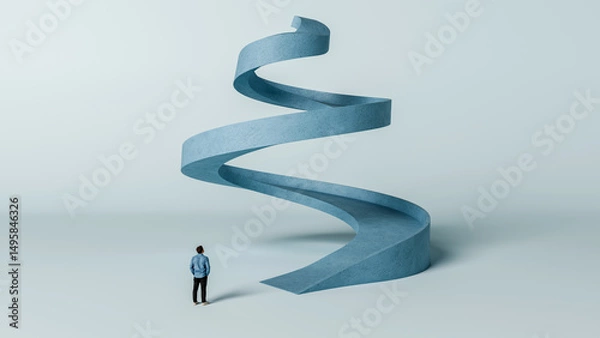 Obraz Man Facing Winding Spiral Path Going Up - Ambition, Uncertainty, and the Journey Toward Growth, 3D Render