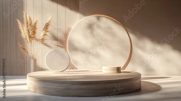Fototapeta A sleek, polished podium in a minimalist environment with soft ambient lighting, leaving enough space around it for showcasing a luxury item