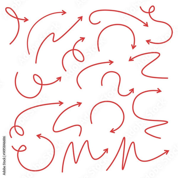 Fototapeta Set of red arrows hand drawn doodle