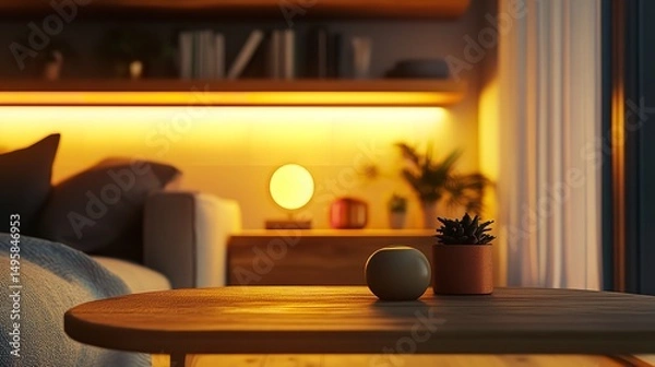 Fototapeta Warm lighting illuminating shelves and desk with plants and books in modern home interior