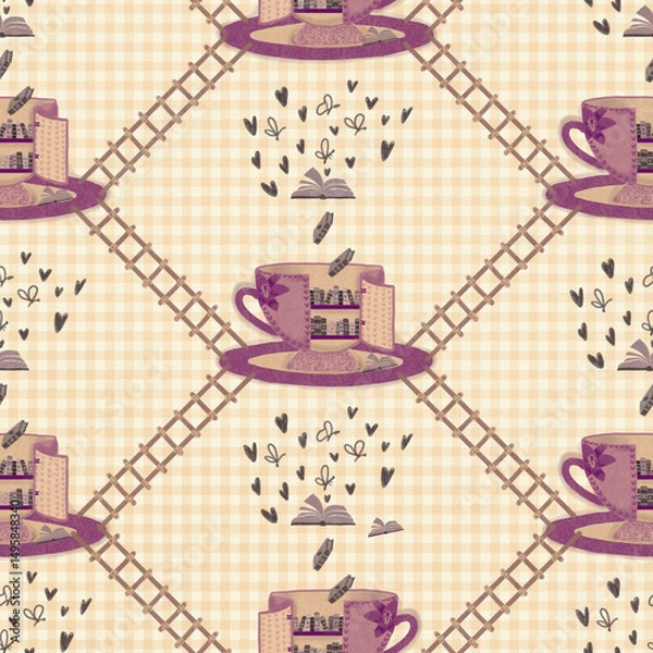 Obraz seamless pattern with A secret library inside a teacup with ladders and mini books