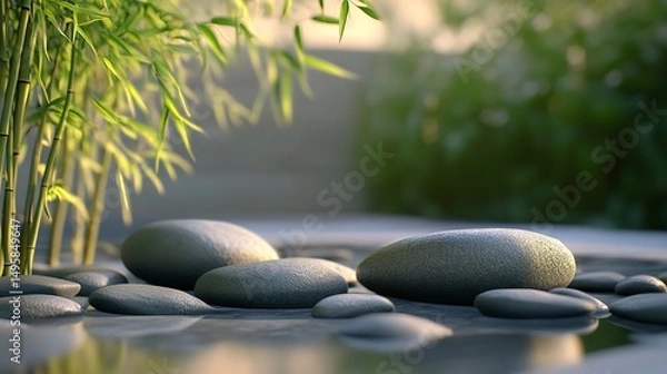Fototapeta modern zen garden with a minimalist aesthetic, smooth pebbles, and a few carefully placed green plants for a tranquil outdoor space