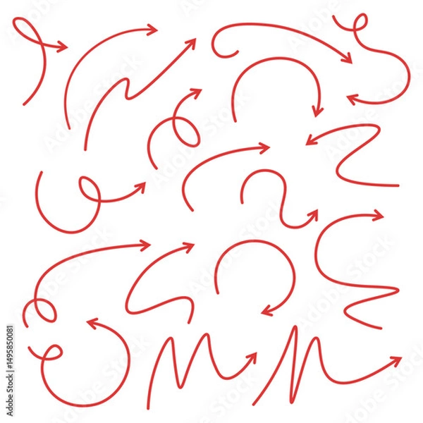Fototapeta Set of red arrows hand drawn doodle