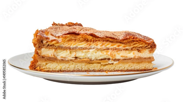 Fototapeta A delicious slice of layered dessert on a white plate, showcasing creamy textures and a golden crust