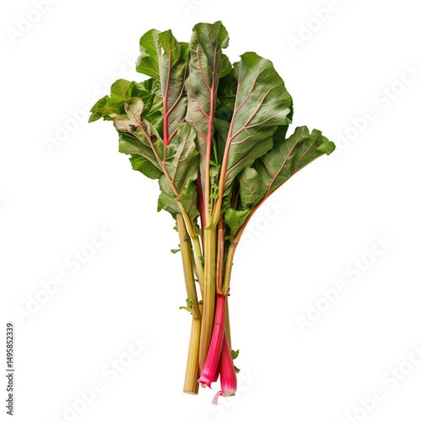 Fototapeta Fresh rhubarb stalks with vibrant green leaves, isolated on a white background