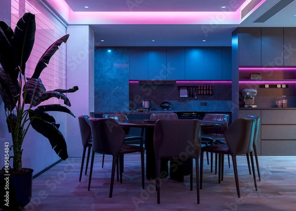 Fototapeta The kitchen is transformed by a romantic lighting mode