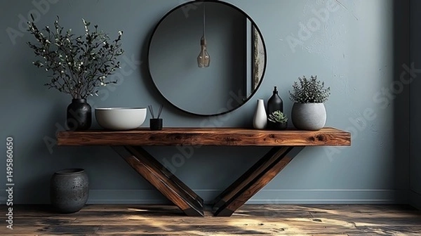 Fototapeta Stylishly designed console table with mirror and decorations in a modern interior design, high resolution photo