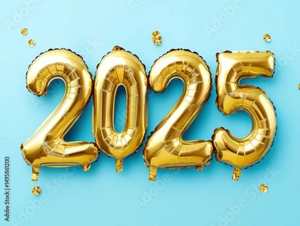 Fototapeta Golden Balloon Numbers Representing the Year 2025 on a Bright Background