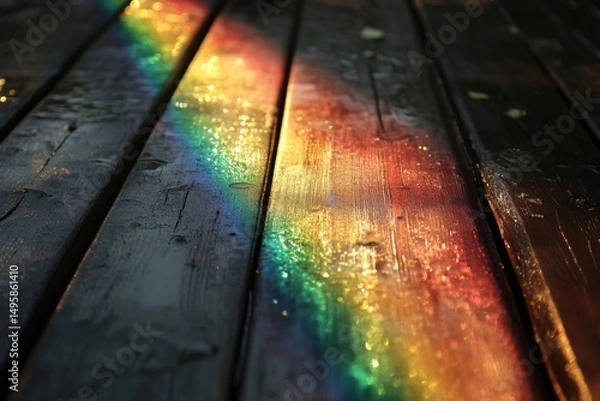 Fototapeta Vibrant Rainbow Reflection on a Wooden Surface After Rain