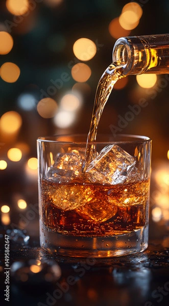 Obraz Pouring a refreshing drink over ice. A bartender pours a sparkling beverage over ice in a glass, with blurred warm lights in the background.