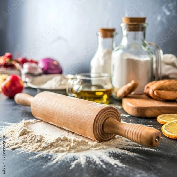 Fototapeta Kitchen rolling pin with flour on dark background selective focus depth of field
