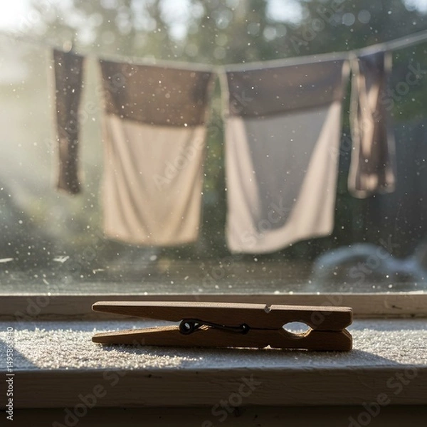 Obraz A vintage wooden laundry pin resting on a frost-covered windowsill in early morning light, soft mist rising from the garden outside, faded fabric fluttering gently on a clothesline in the background.