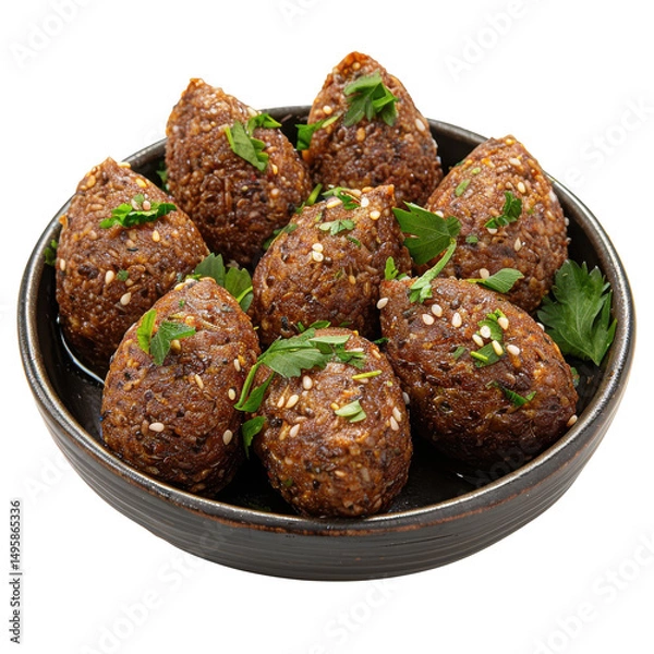 Fototapeta A bowl of traditional kibbeh garnished with herbs, ready to serve at a festive gathering