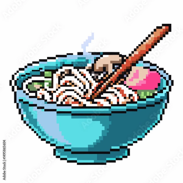 Fototapeta Pixel art ramen bowl with noodles, chopsticks, and vegetables in blue bowl