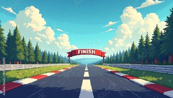 Fototapeta Pixel art finish line road in forest setting with sky, clouds, and banner