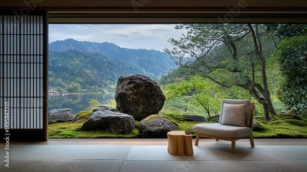 Fototapeta Tranquil Japanese-style room with mountain view (2)