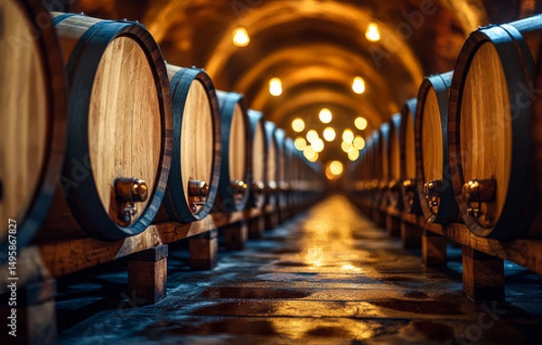 Fototapeta Wine barrels lined in a dimly lit cellar. Rows of wooden wine barrels fill a rustic cellar, illuminated by warm, soft lights creating an inviting atmosphere.
