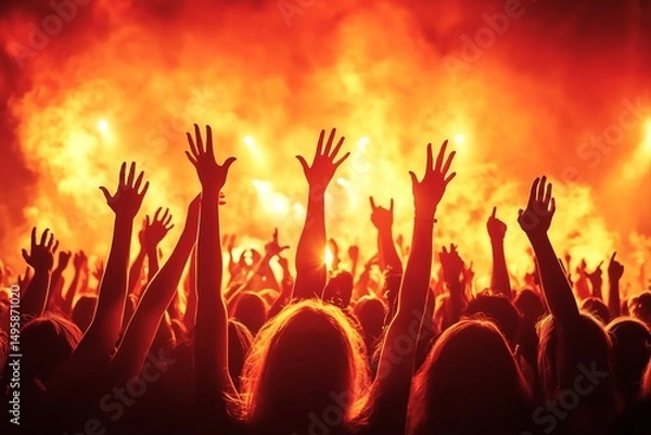 Obraz Silhouette of audience hands raised in joy at a concert