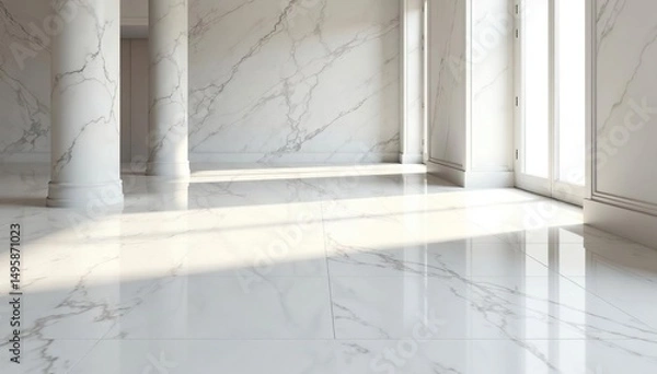 Fototapeta Gleaming white marble floor, intricate veining , stone, glossy