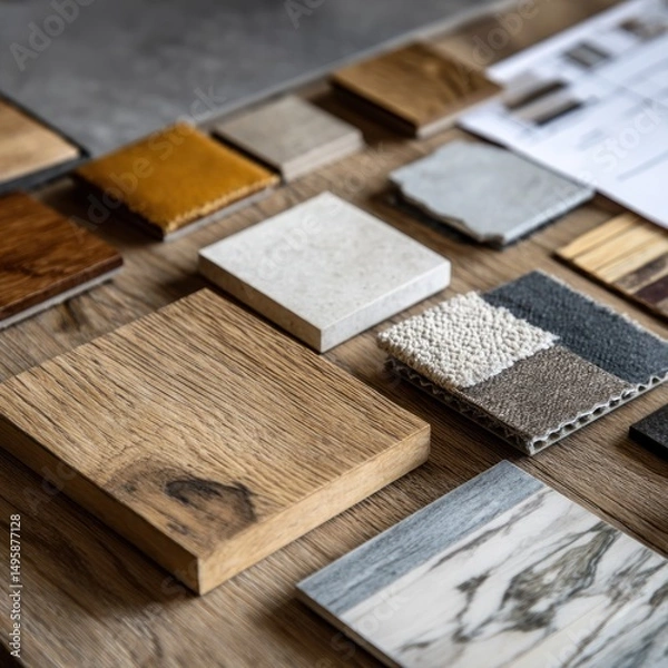 Fototapeta Interior design material samples.  Various colors and textures of flooring, wall, and countertop options displayed for selection