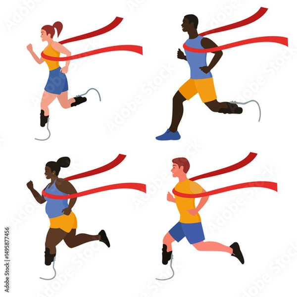 Fototapeta The winner is a runner in a competition with prosthetic legs. A set of different people. The winner reached the finish line first and crossed the red ribbon. The drawing is made in a flat style.
