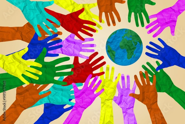 Obraz International diversity or earth day and international world culture as a concept of diversity and crowd cooperation symbol as diverse hands holding together the planet earth.