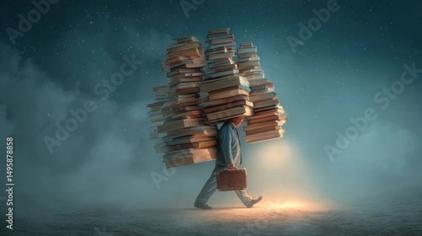 Fototapeta Overwhelmed by knowledge, a person carries a massive load of books at night
