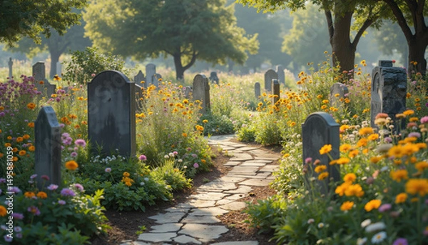 Fototapeta Idyllic Pathway Through Wildflower-Filled Cemetery in Blooming Summer Light, with Rustic Tombstones and Buzzing Bees in a Peaceful Natural Resting Place Surrounded by Meadows