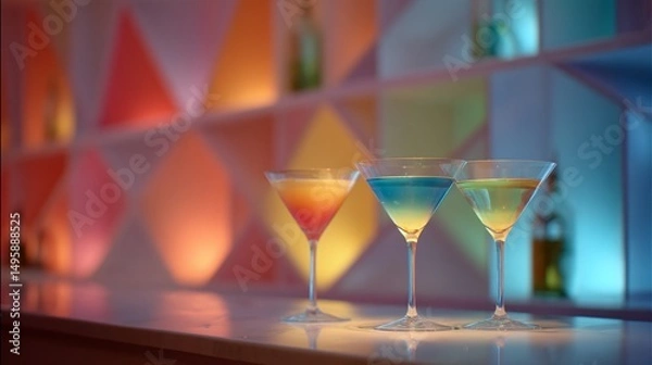 Obraz Minimal bar setup with rainbow martinis under soft lighting, geometric backdrop