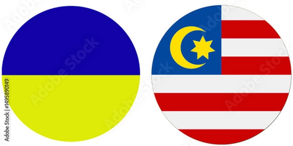Obraz Ukraine Official flag with Malaysia national flag, both countries flags are in Round shape and isolated on white background, Circular colorful design Flag with together.