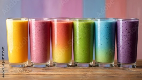 Obraz Row of gradient rainbow smoothies in tall glasses, clean wooden surface, pastel decor