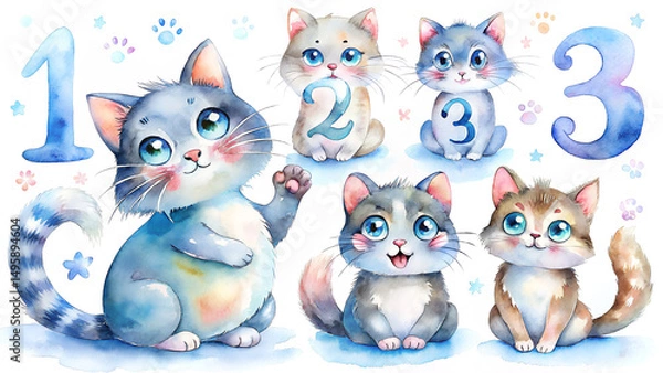 Fototapeta Adorable Watercolor Kittens with Numbers One Two and Three