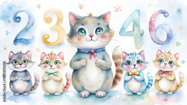 Fototapeta Adorable Watercolor Kittens with Pastel Numbers Two Three Four Six
