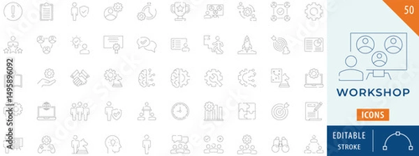 Fototapeta Workshop icon collection set. Containing collaboration, training, coaching, presentation, and more. Editable stroke.
