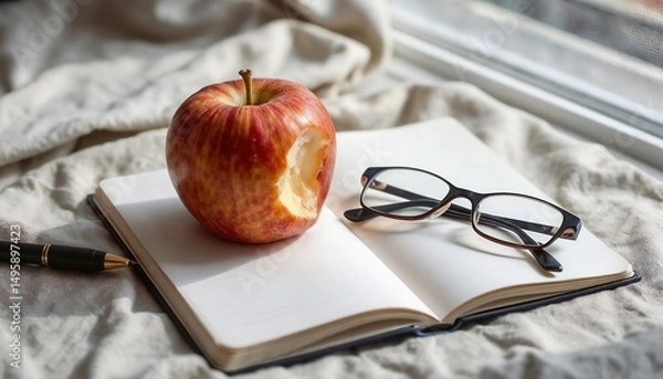 Obraz Fresh apple with bite next to glasses on open notebook by window  