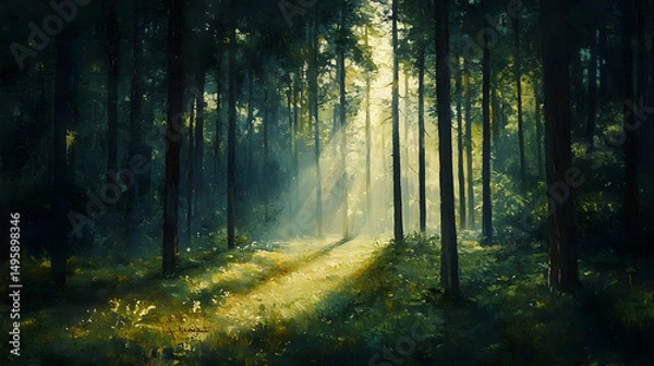 Obraz Sunlight filtering through a dense forest.